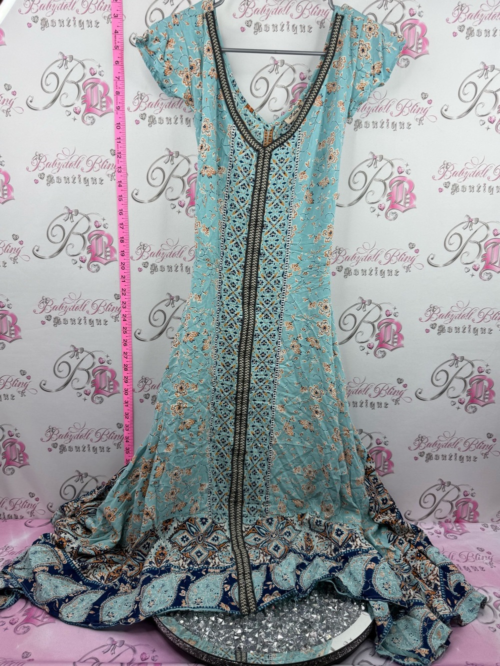 Dress long flowy Bohemian Embroidered Maxi Dress - Aqua Floral